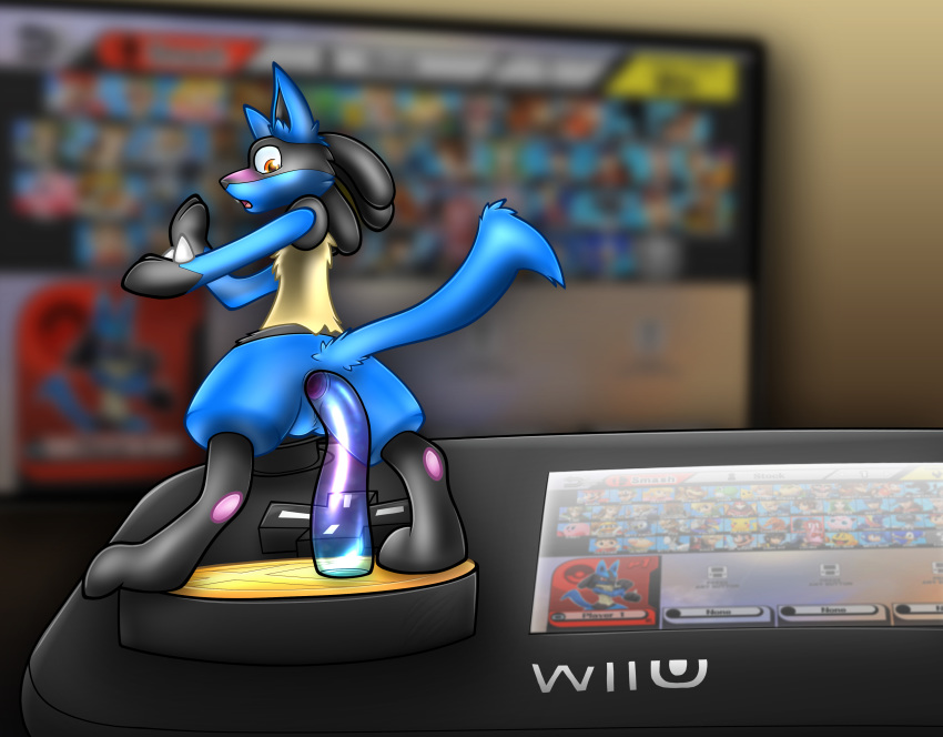 2015 amiibo ass balls black_fur blue_fur blush chronowolf_(artist) controller fur hi_res lucario male nintendo paws penetration pokemon pokemon_(species) pole shocked super_smash_bros. surprised television tentacle translucent wii_u