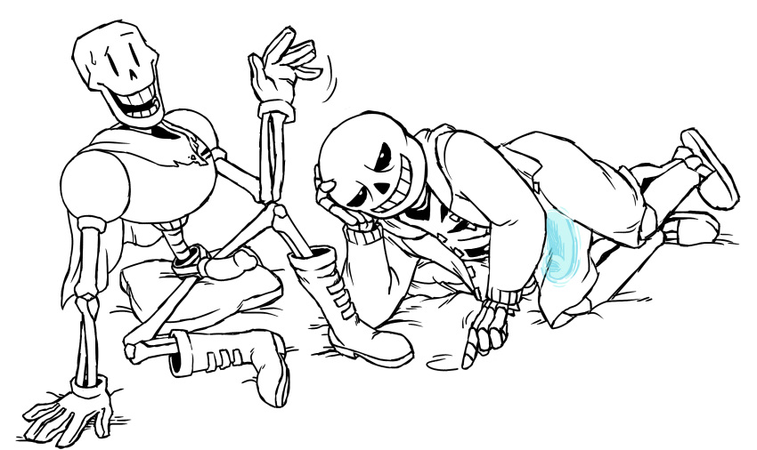 bone dildo male monochrome papyrus sans sex_toy skeleton smile strap-on sweat tinybeasts undertale undertale_(series)