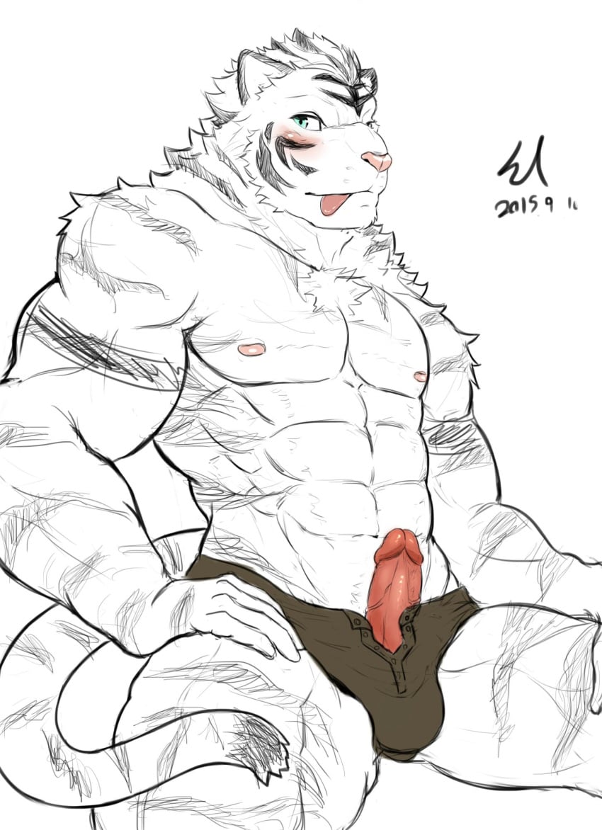 abs anthro blush clothing erection feline looking_at_viewer male male_only mammal muscles open_pants pants penis shorts simple_background solo tiger white_background xsrwe12