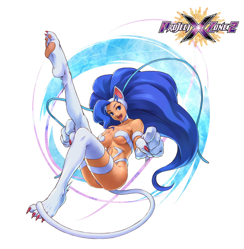 absurdres animal_ears big_hair blue_eyes blue_hair breasts cat_ears clenched_hands darkstalkers fangs felicia female full_body fur highres leg_up logo morioka_yasuto official_art open_mouth project_x_zone_2 small_breasts solo tail