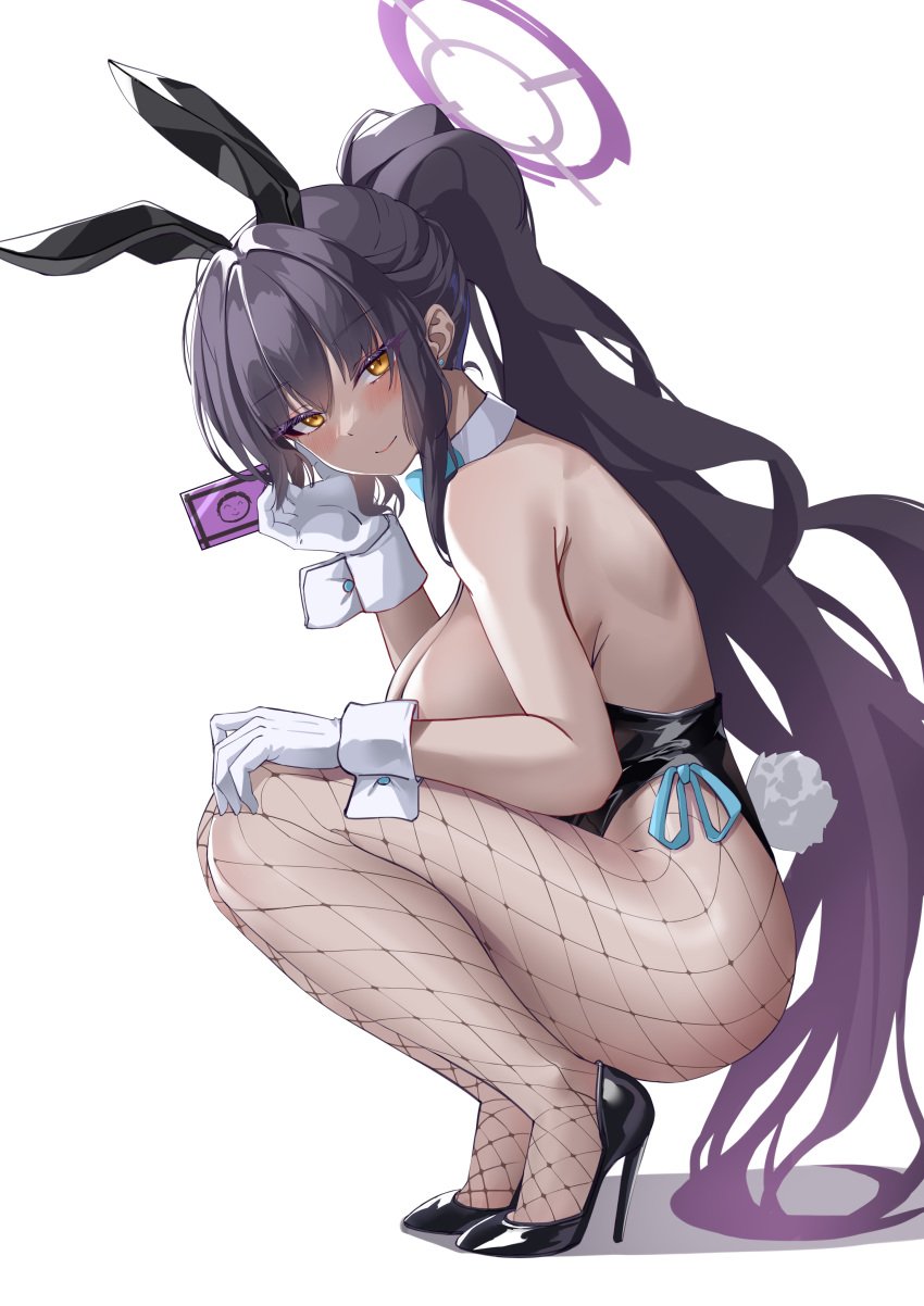 1girls absurdres animal_ears aqua_bow aqua_bowtie black_footwear black_hair black_leotard blue_archive blush bow bowtie breasts card cleavage dark-skinned_female dark_skin detached_collar doodle_sensei_(blue_archive) fake_animal_ears fake_tail female fishnets from_side gloves gradient_hair halo high_heels highleg highleg_leotard highres holding holding_card kaijiba karin_(blue_archive) karin_(bunny)_(blue_archive) large_breasts leotard long_hair looking_at_viewer looking_to_the_side millennium_science_school_student multicolored_hair official_alternate_costume playboy_bunny ponytail purple_hair rabbit_ears rabbit_tail revision sensei_(blue_archive) sideboob simple_background smile solo squatting tail very_long_hair white_background white_gloves wrist_cuffs