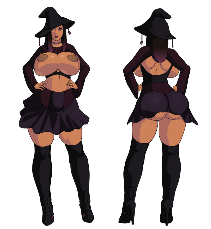 1girls areola ass bimbo breasts breasts_out brown_skin bubble_butt busty cleavage concept_art crescent_moon curvy dark-skinned_female dark_nipples dark_skin dat_ass eyeliner eyeshadow female female_only front_and_back goth high_heel_boots high_heels huge_ass huge_breasts human impossible_clothing jay-marvel large_breasts lipstick makeup microskirt ms._tabrin nipples redbone sex-ed_(tabrin) skirt voluptuous witch witch_hat