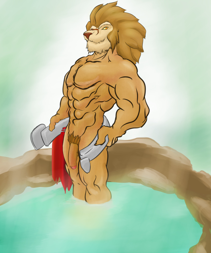 abs capcom clothing colored feline leo_(red_earth) lion loincloth looking_at_viewer male male_only mammal muscular nude penis red_earth simple_background solo unknown_artist video_games