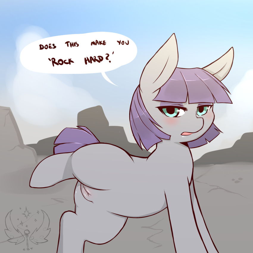 1girls 2015 blue_eyes blush cold-blooded-twilight dialogue earth_pony english_text equine female female_only feral friendship_is_magic furry furry_only grey_fur hair hi_res horse looking_at_viewer mammal maud_pie maud_pie_(mlp) my_little_pony nude one_leg_up outside pony presenting presenting_pussy purple_hair pussy raised_leg solo text