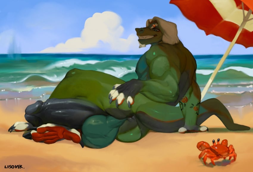 anthro anus arm_tattoo ass backsack balls beach beach_umbrella big_balls big_penis claws eyebrow_piercing facial_piercing genitals hi_res huge_balls huge_cock hyper hyper_balls hyper_genitalia hyper_penis lisovik. lizard male muscular muscular_anthro muscular_male nipples outside parasol penis piercing presenting presenting_anus presenting_hindquarters public public_nudity reptile sand scalie sea smile solo spread_butt spreading tail tattoo teeth water wave