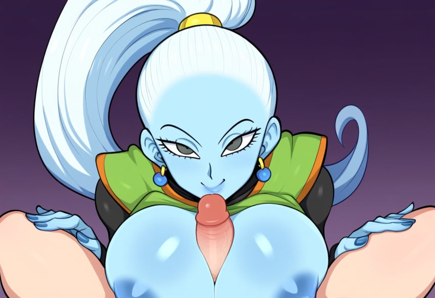 1boy 1girls ai_generated angel angel_(dragon_ball) blue_skin boobjob breasts_bigger_than_head d-art_style divine divine_slut dragon_ball dragon_ball_super huge_breasts mullon novelai paizuri straight tall_female top_heavy vados white_hair