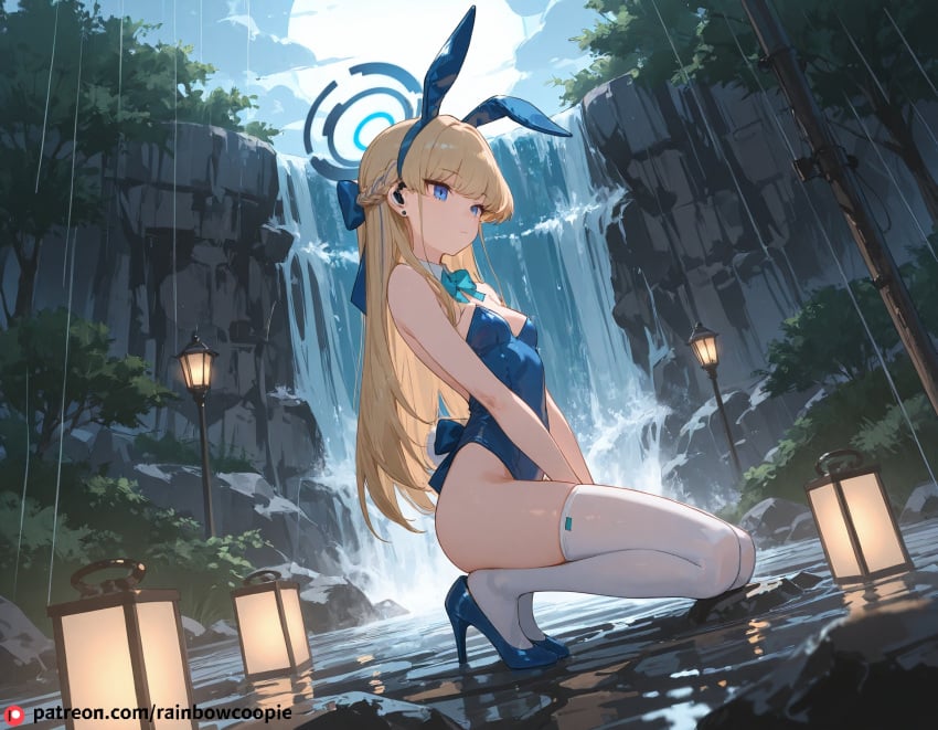 ai_generated beautfiul_background crouching flat_chest flickering_streetlights moonlight rainy rape_face stunning_backgroud toki_(bunny)_(blue_archive) waterfall