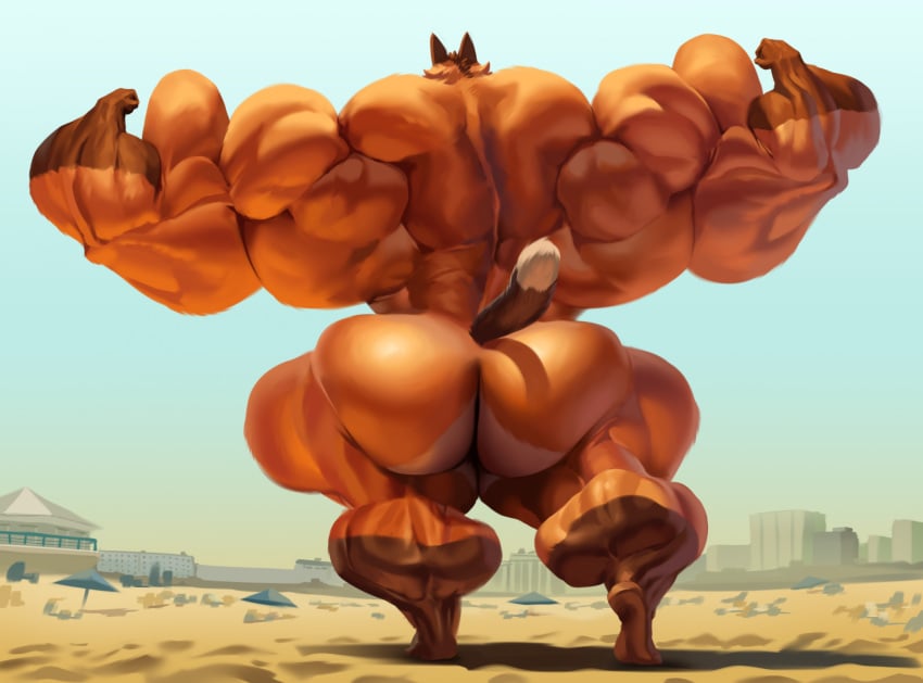 1boy 2025 back_view beach big_biceps big_butt big_calves digital_media_(artwork) double_biceps_pose flexing fox guzreuef hi_res huge_biceps huge_butt huge_calves hyper_muscles male male_only muscular_anthro muscular_arms muscular_back muscular_male muscular_thighs orange_fur