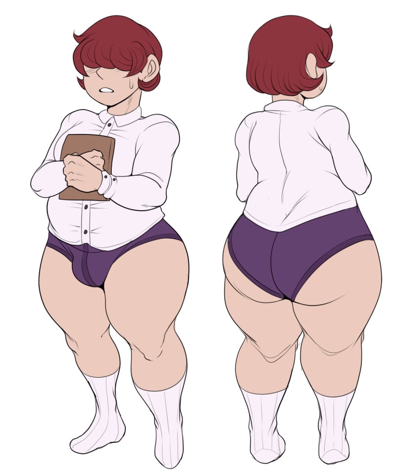 1boy balls_bulge big_ass big_thighs character_sheet chubby chubby_male cj_(detnox) detnox femboy hair_between_eyes huge_ass huge_thighs light-skinned_male no_pants original panties penis_bulge pose posing red_hair smile smiling