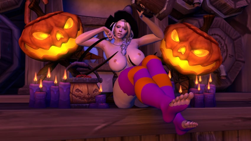 1girls 3d big_breasts blizzard_entertainment blonde_hair female female_only halloween human human_(world_of_warcraft) jack-o'-lantern jaina_proudmoore light-skinned_female light_skin milf multicolored_hair nude pinup solo stockings thighhighs warcraft white_hair witch_hat world_of_warcraft zilertt