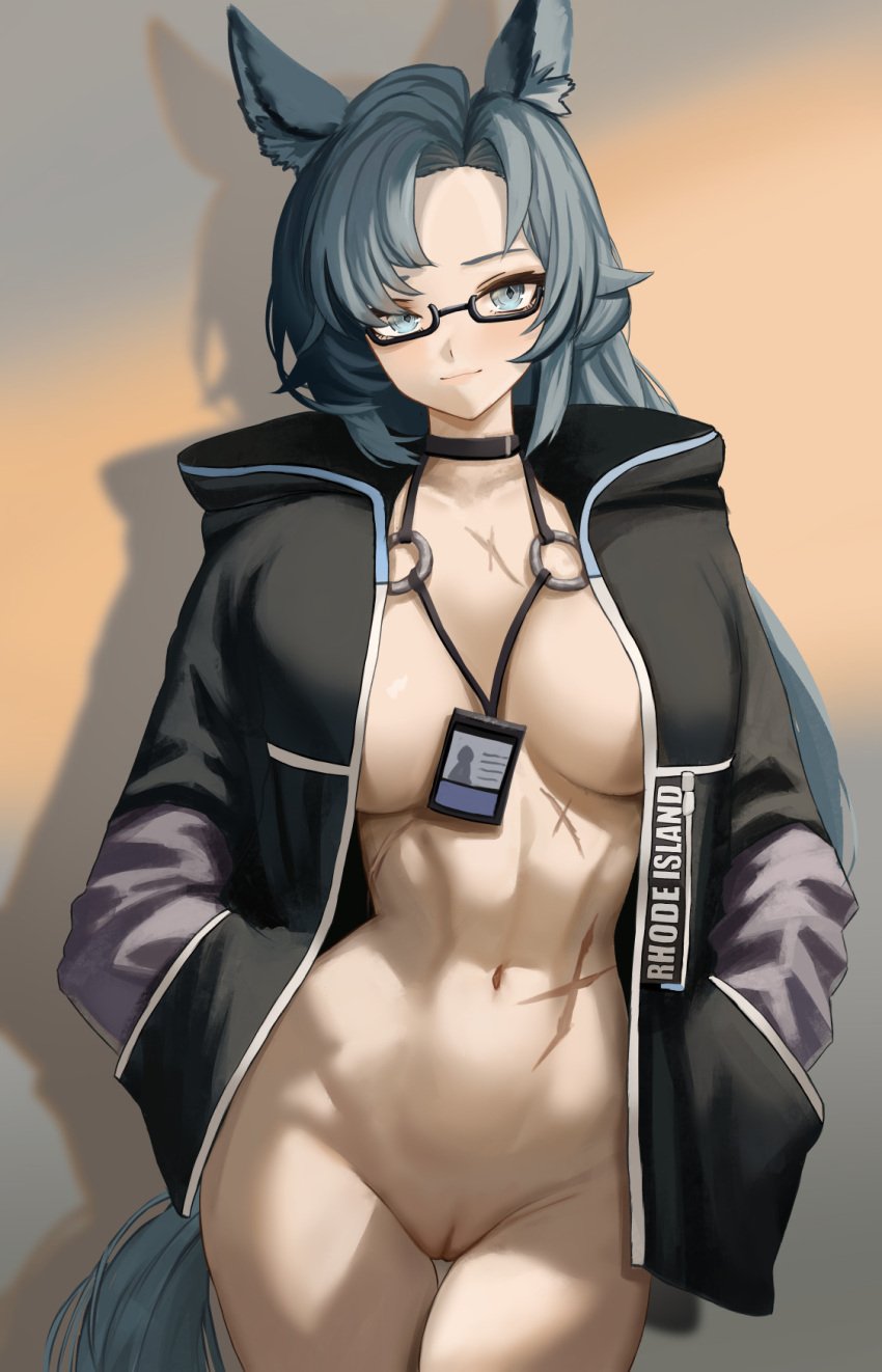 animal_ears arknights black-framed_eyewear black_jacket blue_eyes breasts closed_mouth collarbone commentary cowboy_shot drop_shadow fang_(arknights) female glasses hand_in_pocket highres id_card jacket lanyard large_breasts long_hair looking_at_viewer navel open_clothes open_jacket pussy scar scar_on_chest scar_on_stomach smile solo toned toned_female uncensored very_long_hair yan_kodiac