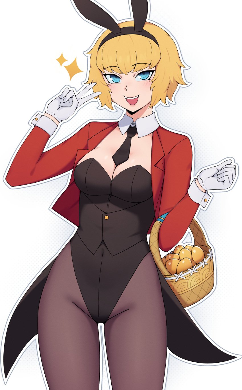 1girls ______________________________________________________________________________ belly_button belly_button_visible_through_clothing bunny_ears bunnysuit collar easter edmonmondo female gloves high_cut hips idun_(megami_tensei) looking_at_viewer pantyhose peace_sign posing shin_megami_tensei shin_megami_tensei_v smile sole_female solo_female thick_thighs thigh_gap thighs thin_waist tie vest wide_hips