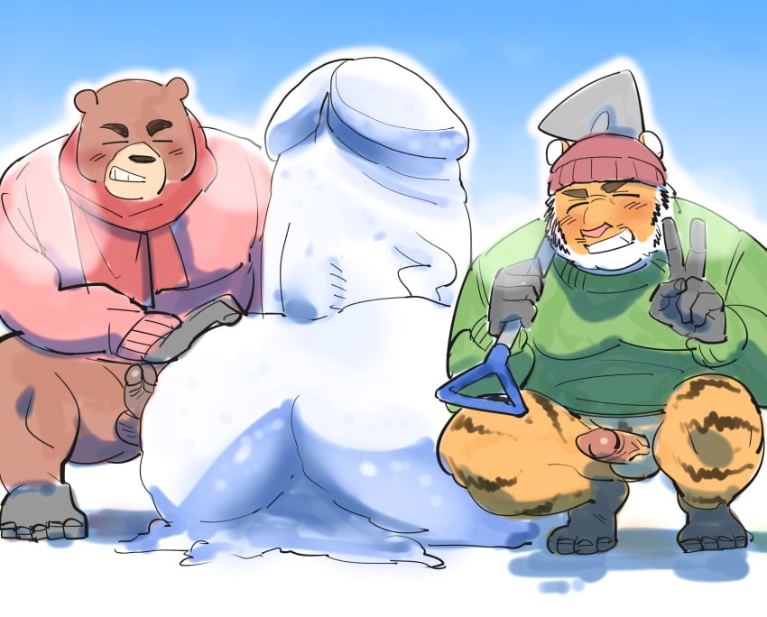 2025 anthro bear bedding blanket blush closed_eyes clothing duo erection felid genitals gloves handwear hi_res humanoid_hands kemono male mammal pantherine penis snow sweater tiger topwear ujishiyo