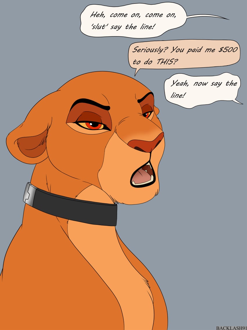 absurd_res backlash91 collar conditional_dnp dialogue disney duo english_text felid felidae female feral hi_res human humor interspecies kiara_(the_lion_king) lion male male/female mammal pantherine prostitution text the_lion_king