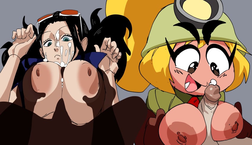 2girls areolae between_breasts black_hair blonde_hair coolerinker cum cum_on_breasts cumming goombella happy helmet helmet_with_visor inker_comics inkershike lying nico_robin nintendo one_piece paizuri paizuri_lead_by_female paizuri_lead_by_male paper_mario paper_mario:_the_thousand-year_door thick_eyebrows