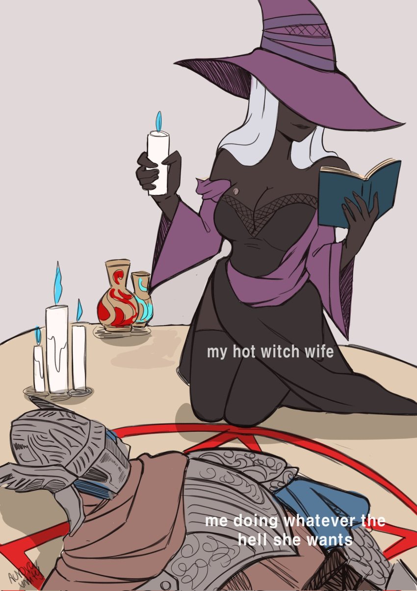 artist_request dark-skinned_female dark_skin elden_ring elden_ring_nightreign knight meme recluse_(elden_ring_nightreign) wholesome wife_and_husband witch witch_hat