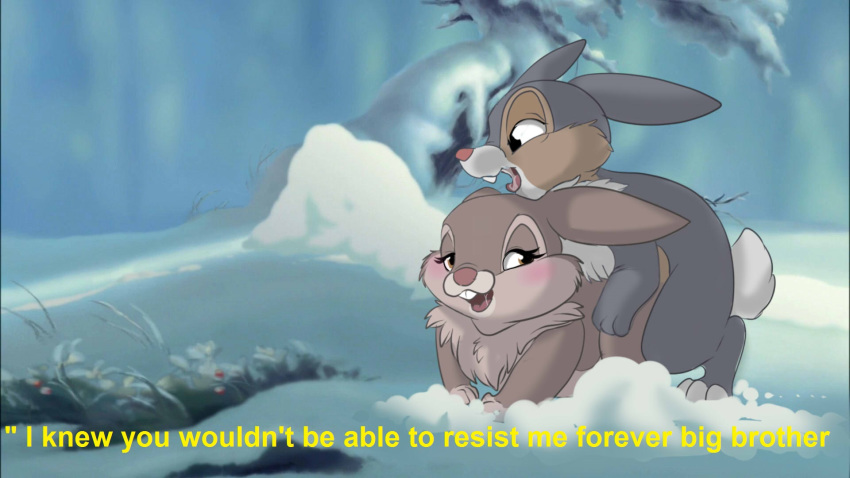 2015 bambi_(film) blossom_(bambi) blush brother brother_and_sister dialogue disney duo english_text eyelashes female feral feral_on_feral from_behind half-closed_eyes incest lagomorph male mammal penetration rabbit saliva saliva_string sex sibling sister snow straight text thumper torinsangel vaginal_penetration