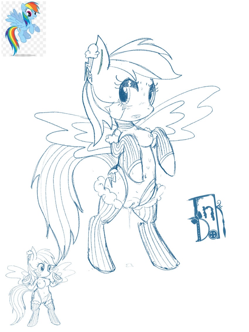 annoyed bodily_fluids clothing cutie_mark dripping equid equine excited female friendship_is_magic gloves handwear hasbro hi_res horse humanoid inkdoll lingerie mammal my_little_pony pony rainbow_dash_(mlp) solo sweat wings