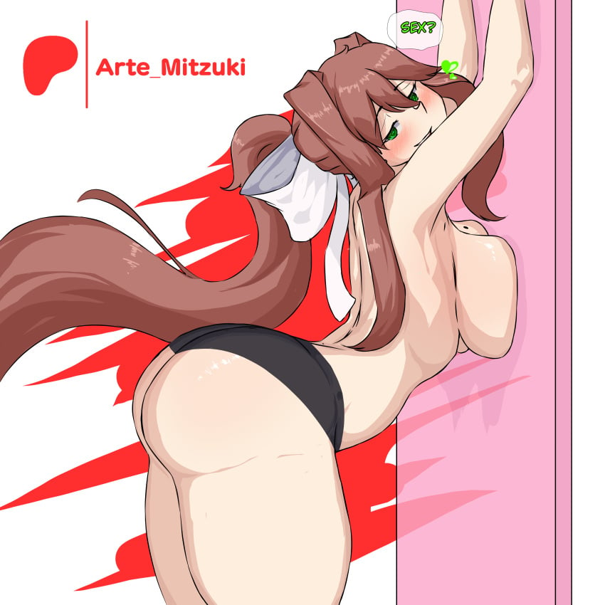 1girls ass big_ass big_boobs big_breasts big_butt black_panties boobs breasts butt doki_doki_literature_club female female_only from_behind green_eyes long_hair monika_(doki_doki_literature_club) panties ponytail solo solo_female solo_only topless topless_female zeddarts