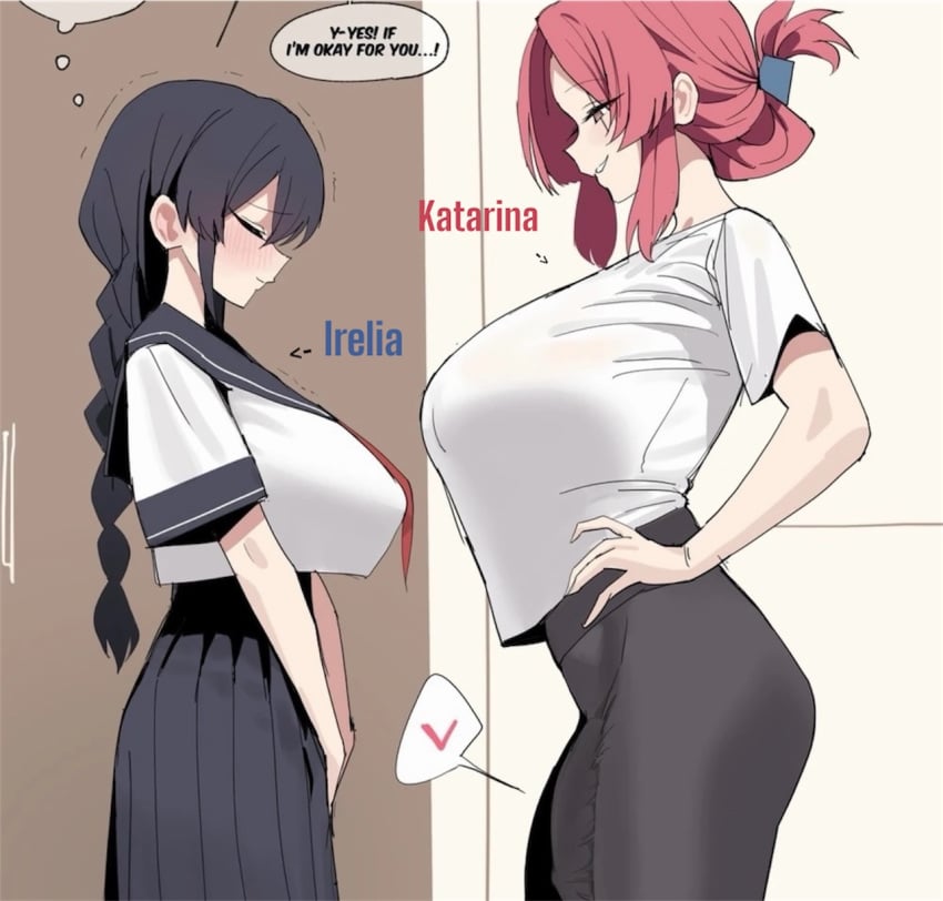 1futa 1girls ass black_hair bulge_down_leg bulge_through_clothing from_side futa_with_female futanari huge_breasts irelia_xan katarina_du_couteau large_breasts league_of_legends looking_at_another pink_hair red_hair school_uniform skirt smile xipa