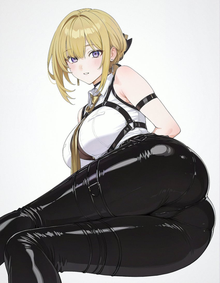 ai_generated ass big_ass blonde_hair breasts bubble_ass bubble_butt evelyn_chevalier legs looking_at_viewer lying purple_eyes thick_thighs thighs zenless_zone_zero