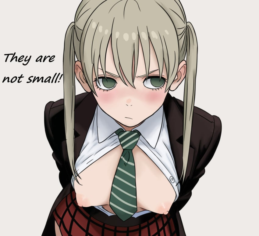 1girl angry anime artlongon bangs black_jacket blazer blonde_hair blush breast_focus breasts cleavage collared_shirt deep_cleavage from_above frown green_eyes green_necktie long_hair looking_at_viewer maka_albarn medium_breasts narrowed_eyes necktie no_bra open_clothes open_shirt pigtails plaid_skirt red_skirt school_uniform scowl sidelocks simple_background solo soul_eater striped_necktie twintails unbuttoned_shirt upper_body white_shirt
