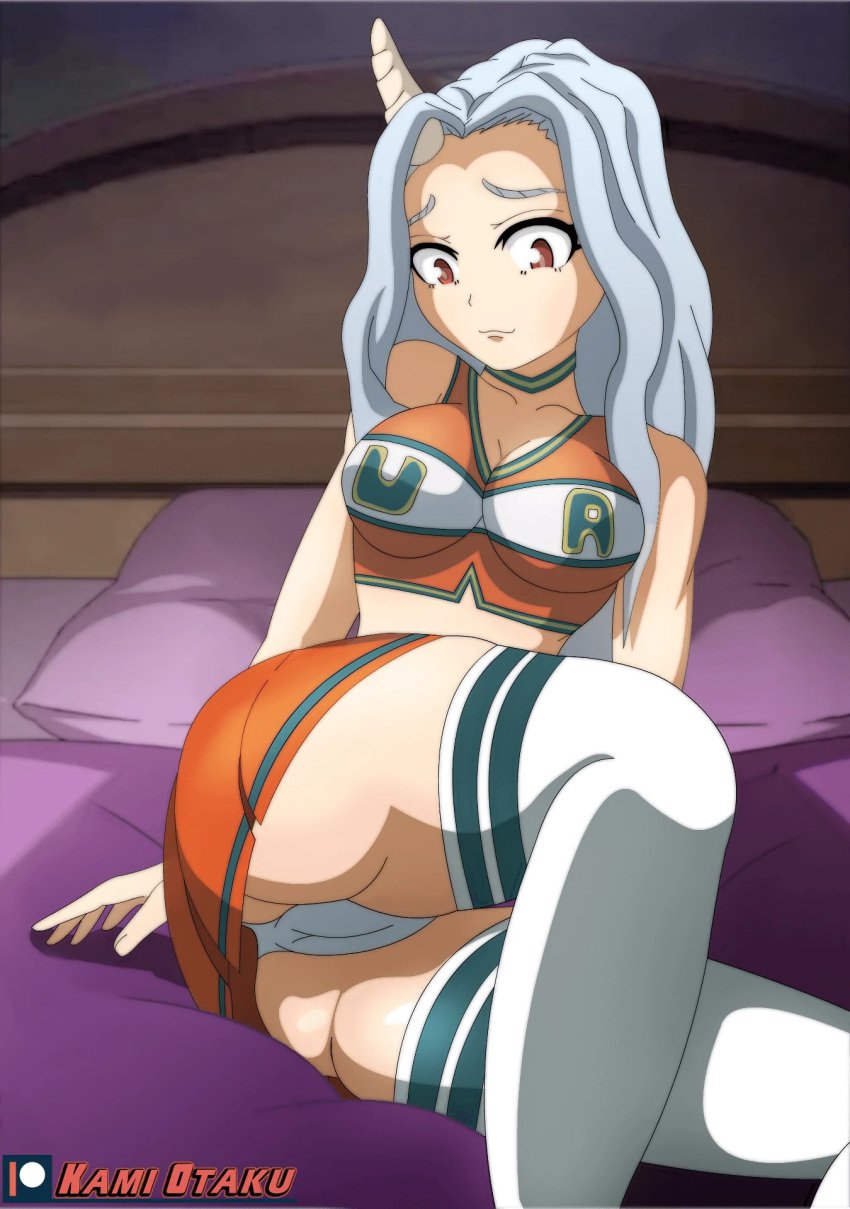 1girls 2019 aged_up ass bed bed_sheet bedroom breasts cameltoe cheerleader cheerleader_uniform choker eri_(my_hero_academia) horn kami_otaku long_hair looking_at_viewer my_hero_academia panties pillow red_eyes silver_hair skirt skirt_only smile solo stockings u.a._cheerleader_outfit