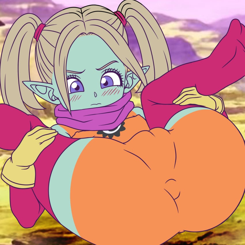 anus ass breasts dragon_ball dragon_ball_daima female hair_ornament legs_apart missionary nipples panzy_(dragon_ball_daima) pussy sex_invitation sexually_suggestive shorts solo