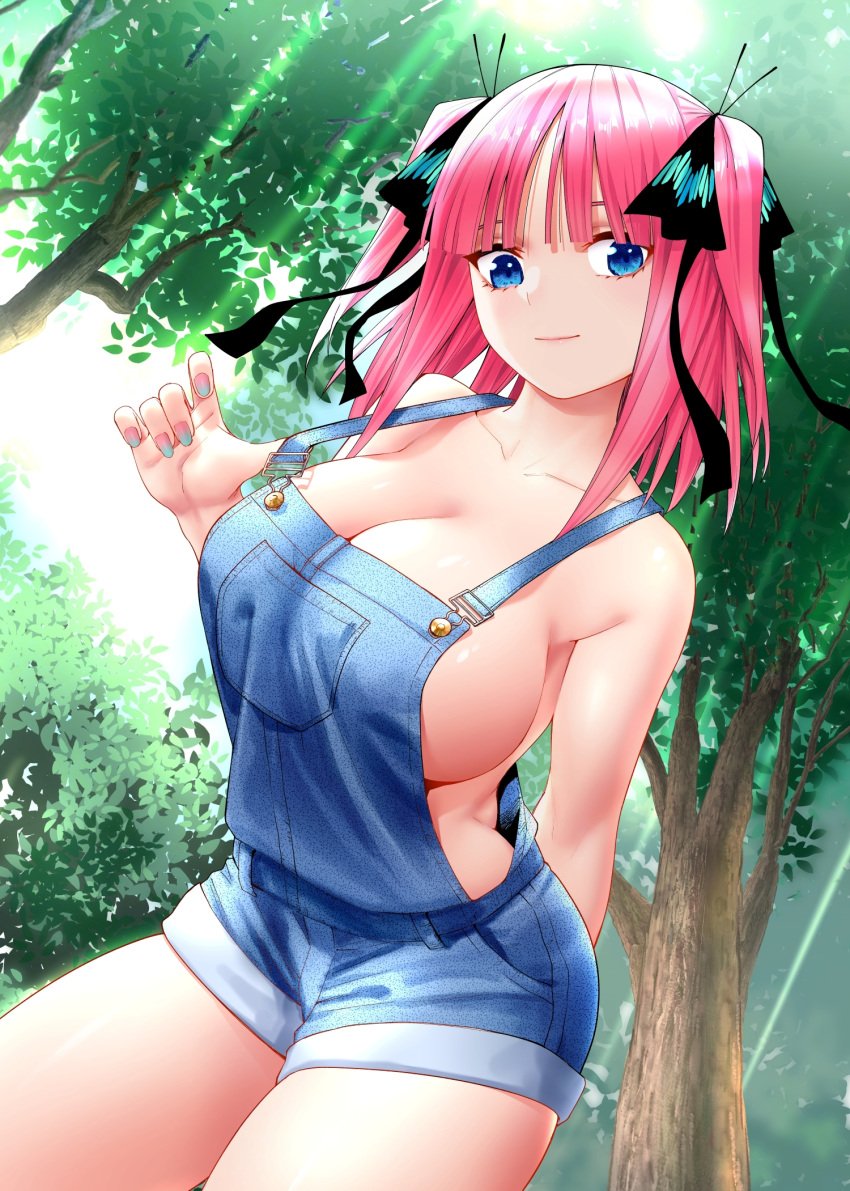 blue_eyes blue_overalls breasts closed_mouth day denim female go-toubun_no_hanayome gradient_nails hair_ribbon highres kosmos_beta large_breasts leaf light_smile looking_at_viewer medium_hair nail_polish nakano_nino outdoors overalls pink_hair ribbon solo strap_gap sunlight tree two_side_up