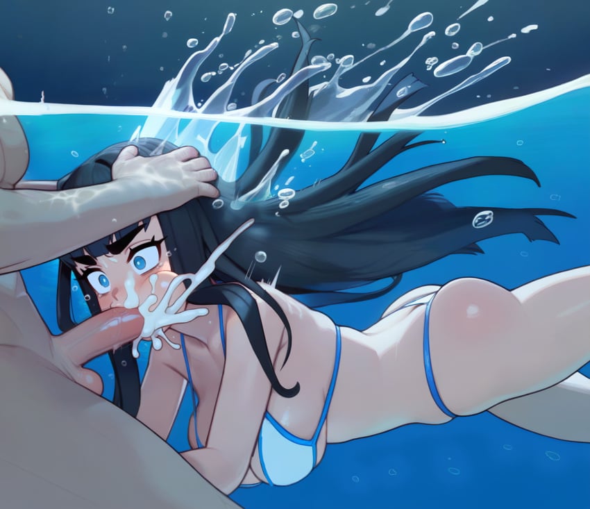 1boy 1girls ai_generated asphyxiation ass bikini blowjob breasts cum cum_in_mouth drowning excessive_cum fellatio female kill_la_kill kiryuuin_satsuki male penis peril submerged tagme underwater water