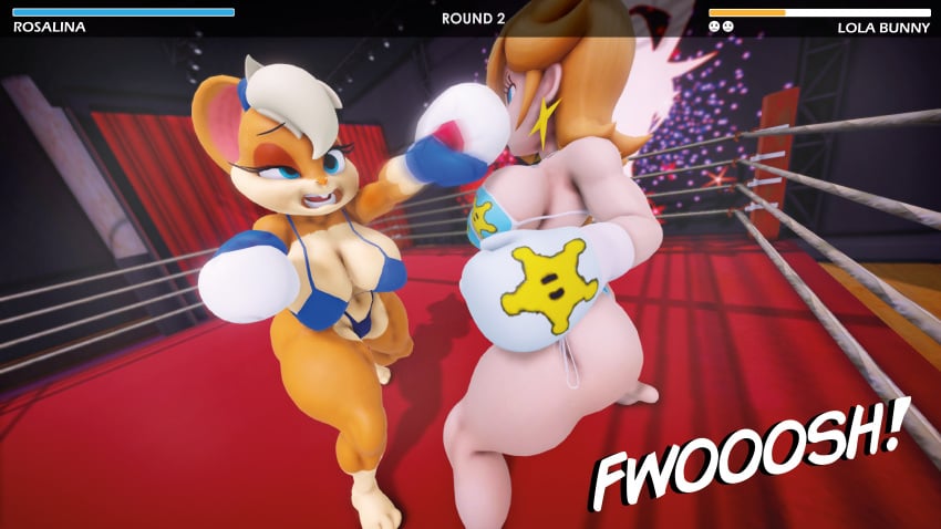 2girls 3d anthro bikini blonde_hair boxing boxing_gloves boxing_ring catfight crossover dodging female_focus female_only fight fighting fighting_ring furry gameplay_mechanics health_bar lola_bunny long_hair looney_tunes mario_(series) princess_rosalina punch punching ryona thick thick_thighs thighs ultimabox wide_hips