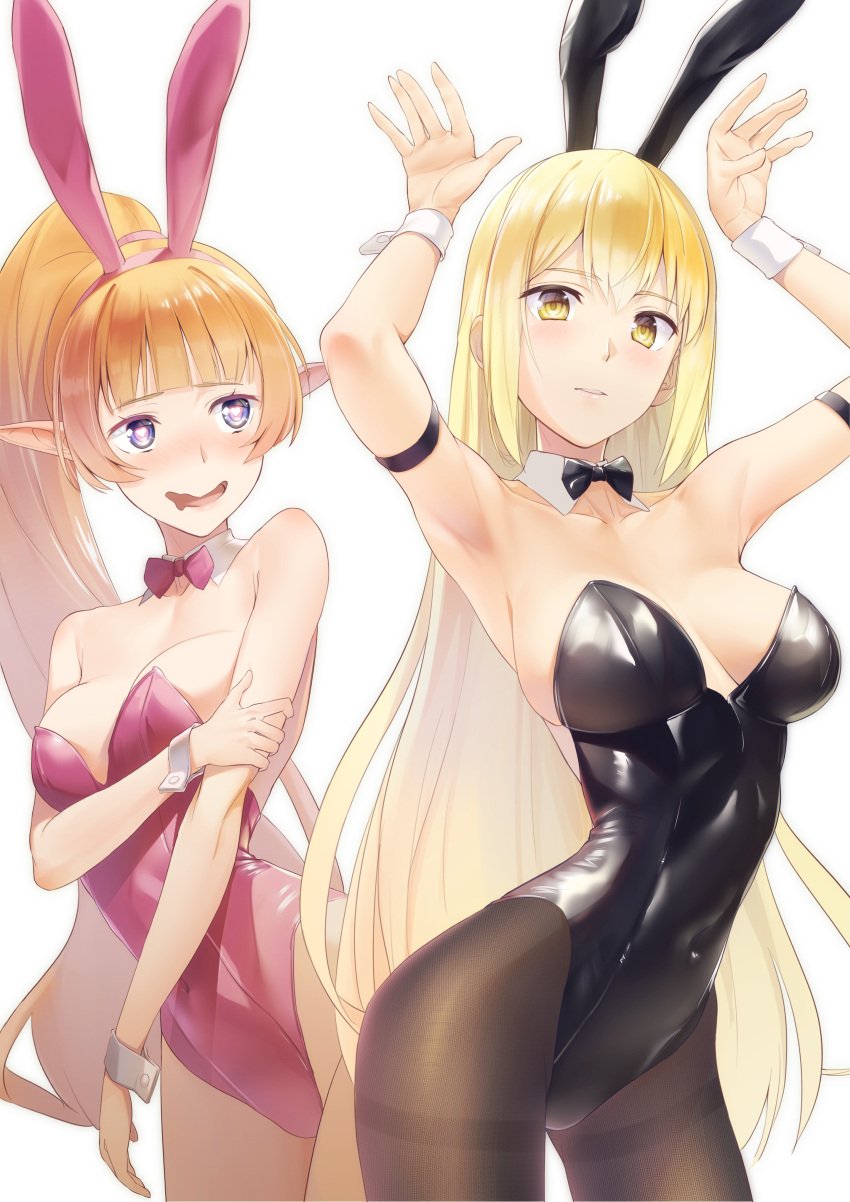 aiz_wallenstein armpits arms_up bare_arms bare_shoulders belly_button_visible_through_clothing black_pantyhose blonde_hair blue_eyes blush breasts brown_pantyhose bunny_ears bunnysuit cleavage collarbone detached_collar drooling dungeon_ni_deai_wo_motomeru_no_wa_machigatteiru_darou_ka elf heart-shaped_pupils lefiya_viridis leotard long_hair medium_breasts noshiro_tomoya open_mouth orange_hair pantyhose pointy_ears ponytail red_leotard sideboob strapless_leotard thighband_pantyhose wrist_cuffs yellow_eyes