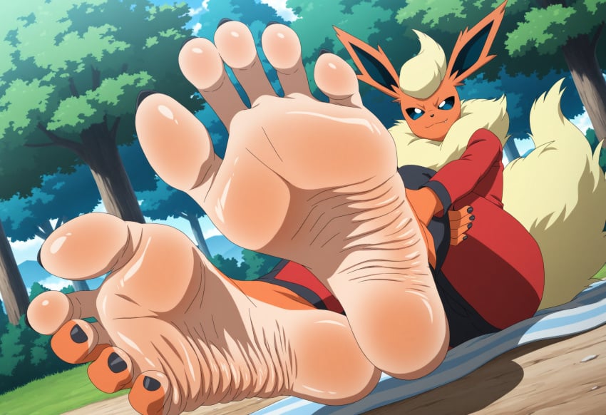 ai_generated anthro background barefoot black_eyes black_toenails eeveelution eye_contact feet feet_focus feet_together flareon foot_fetish forest fuealahomg furry high_resolution leggings nature nature_background orange_fur pokemon pokemon_(creature) pokemon_(species) pov pov_eye_contact sitting soles solo solo_focus toenails toes wrinkled_soles