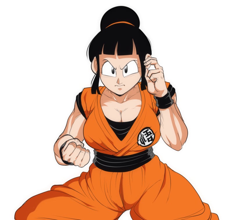 1girls angry_expression big_breasts black_clothing black_eyes black_hair chichi detnox dragon_ball female_focus hair_bun huge_breasts light-skinned_female orange_clothing pose posing solo solo_female solo_focus voluptuous voluptuous_female