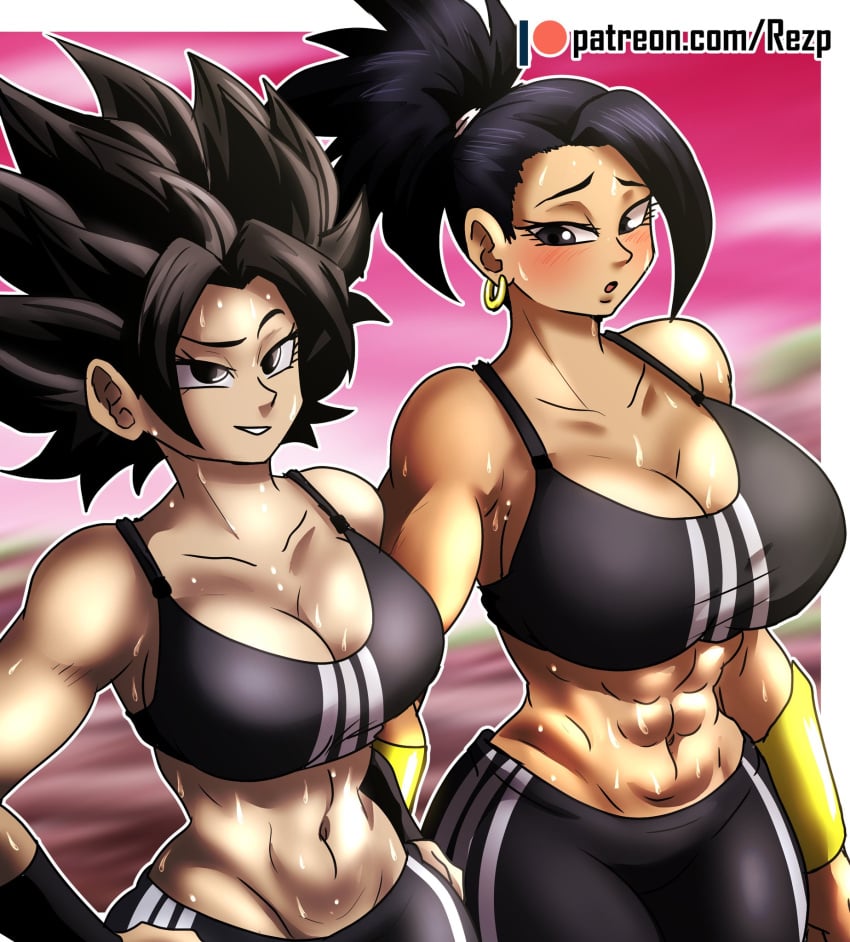 2girls abs bare_arms bare_shoulders big_breasts black_hair caulifla color dragon_ball dragon_ball_super female female_focus female_only fit_female hi_res kale large_breasts light-skinned_female light_skin long_hair looking_at_viewer medium_support_(meme) muscles muscular muscular_female rezp saiyan saiyan_girl sweat tagme thick_thighs