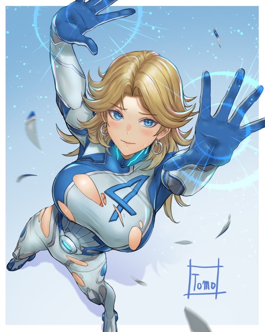 1girls 2d blonde_hair bodysuit breasts cleavage fantastic_four invisible_woman invisible_woman_(marvel_rivals) large_breasts light-skinned_female light_skin looking_at_viewer marvel marvel_rivals sue_richards sue_storm tomo_eokaiteru torn_clothes torn_clothing