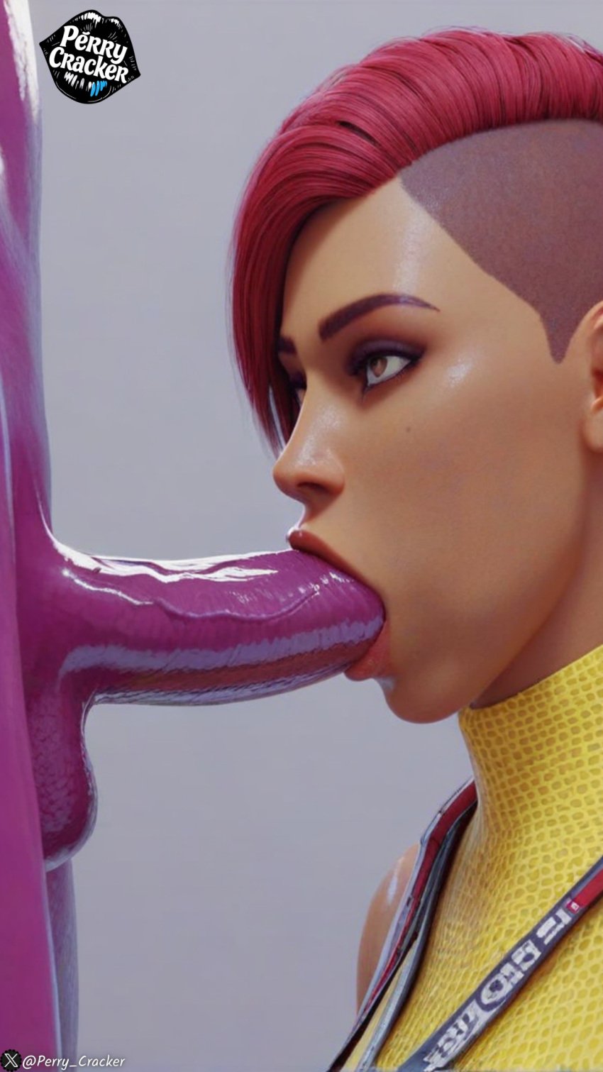 1boy1girl 3d agent agent_y_(perry_cracker) ai ai_generated ballsack blowjob brown_eyes clothed_female_nude_male crackerverse dark-skinned_female dark_skin fellatio grey_background gyro_(perry_cracker) oral oral_sex perry_cracker pixie_cut purple_body purple_skin purple_skinned_male red_hair short_hair side_view sucking sucking_penis the_black_sun:_shadows_of_justice twitter_username watermark x_(social_media)