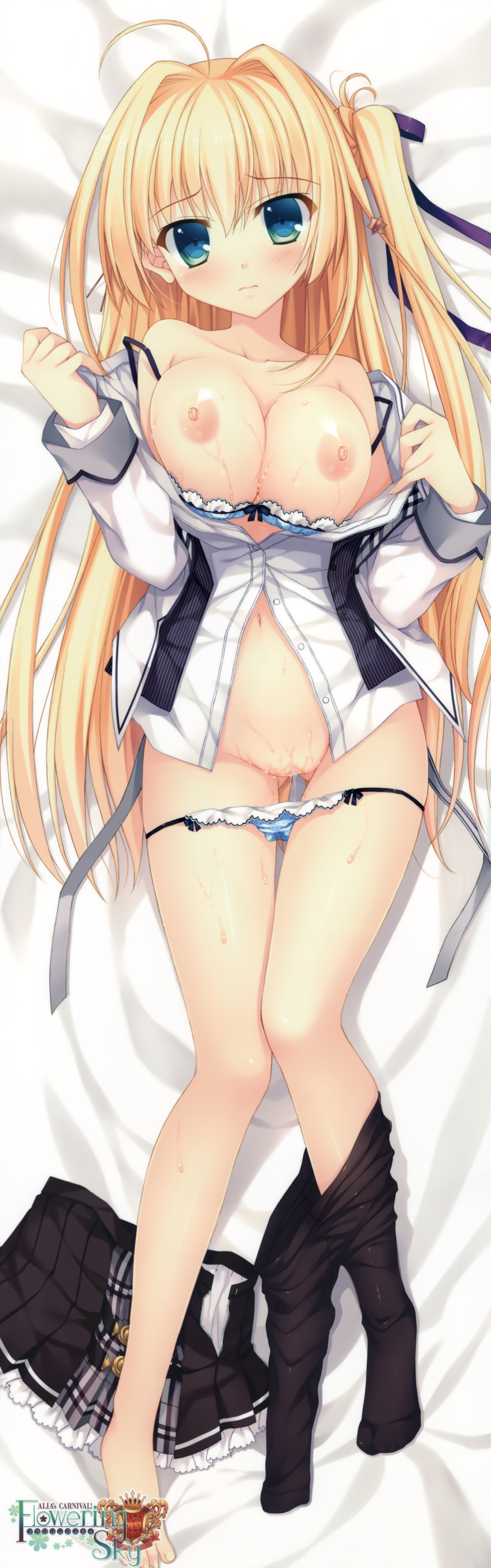 1girls absurdres ahoge alia's_carnival! antenna_hair black_legwear blonde_hair blue_bra blue_panties blush bra breasts collarbone copyright_name dakimakura erect_nipples feet female green_eyes hair_intakes hair_ribbon head_tilt highres huge_filesize large_breasts long_hair looking_at_viewer lying nanao_naru navel nipples on_back one_side_up panties panty_pull pantyhose pantyhose_around_one_leg ponytail pussy pussy_juice ribbon sakurakouji_tsukuyomi side_ponytail skirt skirt_removed solo sweat tied_hair toes uncensored underwear undressing very_long_hair