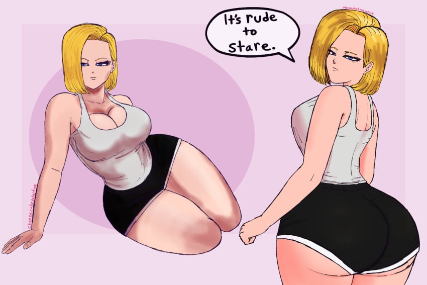 2girls android_18 ass ass_peek badonkadonks big_ass big_breasts big_butt blonde_hair blue_eyes bob_cut dialogue dragon_ball dumptruck_ass dumptruck_butt female female_only flirting flirting_with_viewer green_hair hourglass_figure huge_ass huge_breasts juicy_ass large_butt large_thighs looking_at_viewer looking_back masochistmaverick massive_ass massive_breasts massive_butt pawg pose posing short_hair sitting_down speech_bubble talking talking_to_viewer tank_top thick_thighs thighs thin_waist wide_hips