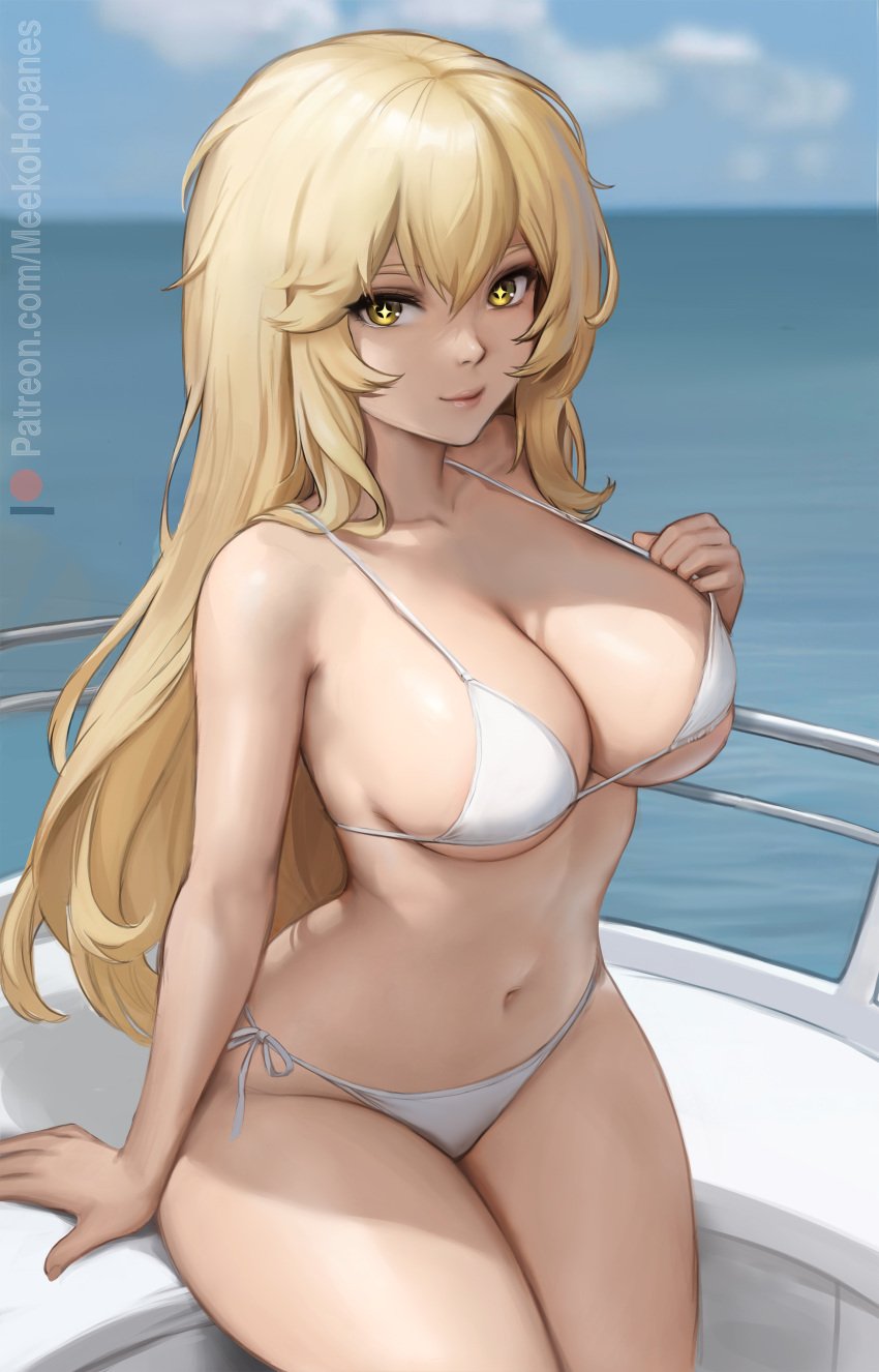 1girls absurd_res bikini bikini_bottom bikini_top blonde_hair boat curvaceous curvy_body curvy_figure edit erect_nipples female female_focus female_only hairless_pussy hi_res huge_breasts long_hair looking_at_viewer meekohopanes nipple_bulge ocean public shokuhou_misaki solo_focus to_aru_kagaku_no_railgun to_aru_majutsu_no_index voluptuous voluptuous_female water