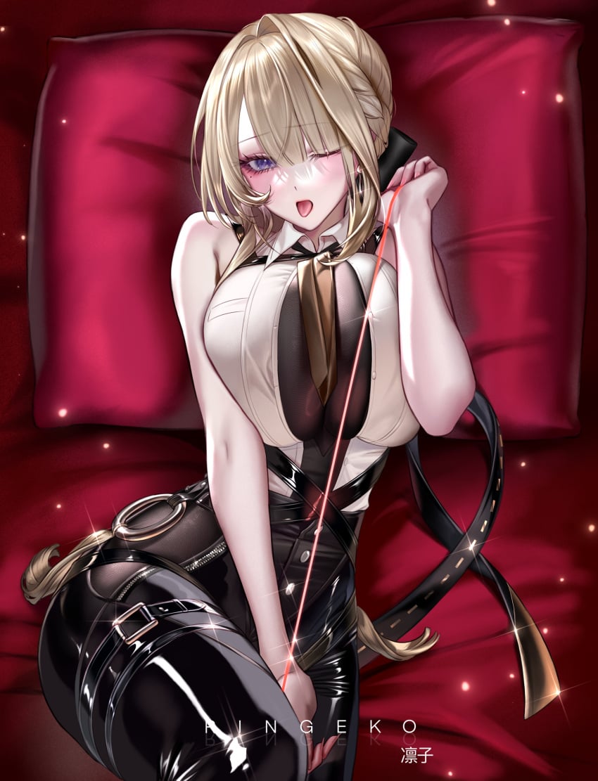 1girls breasts cleavage evelyn_chevalier female female_focus female_only large_breasts light-skinned_female light_skin looking_at_viewer one_eye_closed ringeko_chan thighs tongue tongue_out wide_hips zenless_zone_zero