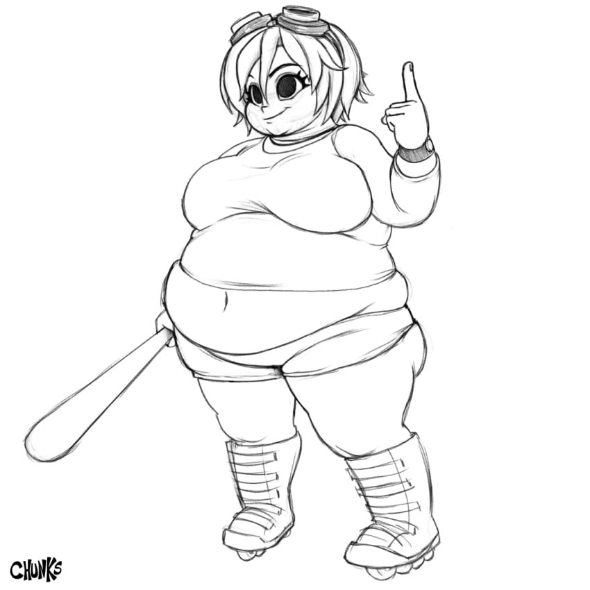 1girl bat_(object) bbw big_belly big_eyes chunkerchunks fat fat_belly female girl goggles_on_head large_belly pointing_up ramona_flowers roller_skates scott_pilgrim sketch tank_top uncolored woman