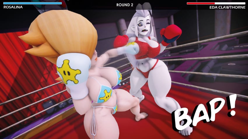 2girls 3d big_breasts bikini blonde_hair boxing boxing_gloves boxing_ring breast_punch breasts catfight crossover disney duo eastern_and_western_character eda_clawthorne female fight fighting fighting_ring gameplay_mechanics gloves grey_hair health_bar huge_breasts large_breasts long_hair mario_(series) nintendo princess_rosalina punch punching punching_breasts red_boxing_gloves red_gloves ryona sports_bra the_owl_house thick thick_thighs thighs ultimabox wide_hips