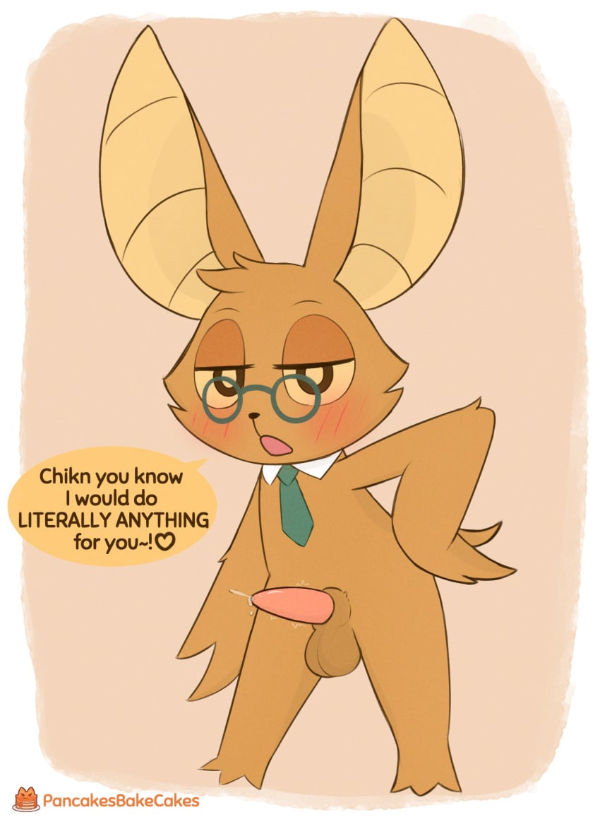 anthro balls bat big_ears black_nose blush blush_lines bodily_fluids cheek_tuft chikn_nuggit dialogue english_text erection eyewear facial_tuft fluffy genital_fluids genitals glasses green_necktie half-closed_eyes hi_res looking_at_viewer male mammal narrowed_eyes necktie onyn_ring_(chikn_nuggit) open_mouth pancakesbakecakes penis pince-nez precum shirt_collar simple_background solo speech_bubble spread_legs spreading standing tapering_penis text tuft yellow_sclera