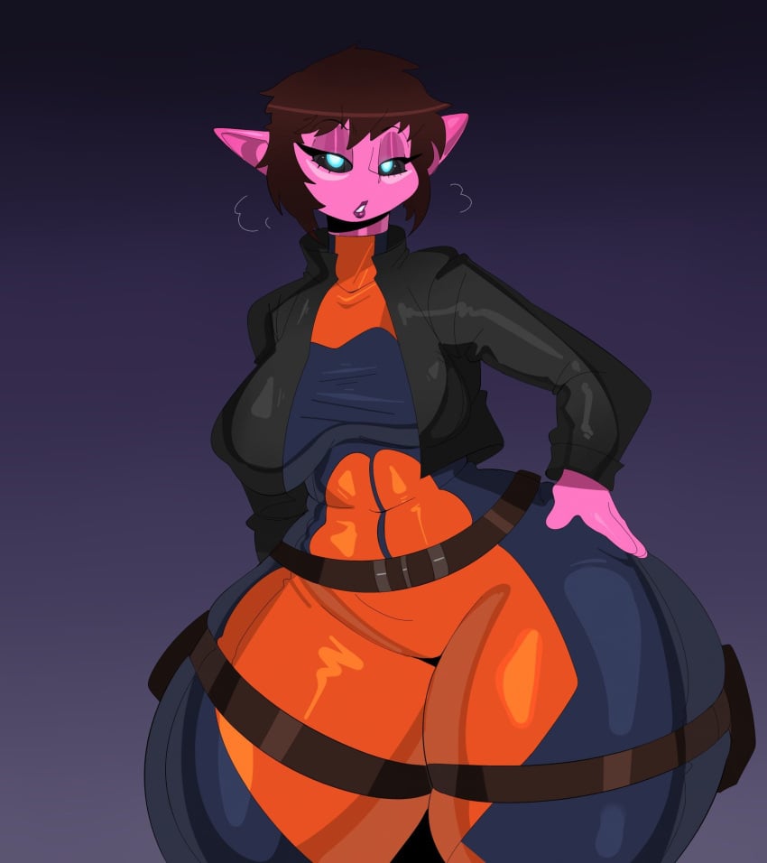 1girls alien alien_girl ass ass_bigger_than_head big_ass big_breasts big_butt black_sclera blue_hair bodysuit bottom_heavy breasts brown_hair bubble_butt clothing coat curvaceous curvy curvy_figure dat_ass female female_only front_view fully_clothed hand_on_hip huge_ass huge_breasts looking_at_viewer purple_background short_hair solo solo_female tagme tayuri thick_thighs voluptuous voluptuous_female wide_hips zo_(fizzymint)