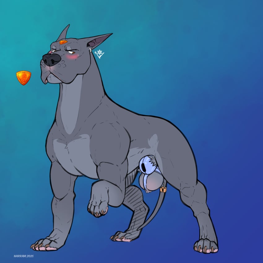 1:1 absurd_res balls canid canine canis chastity_cage chastity_device claws countershade_neck countershade_torso countershading domestic_dog feral forehead_gem gem genitals great_dane hi_res male mammal mastiff molosser narram paws quadruped solo tail