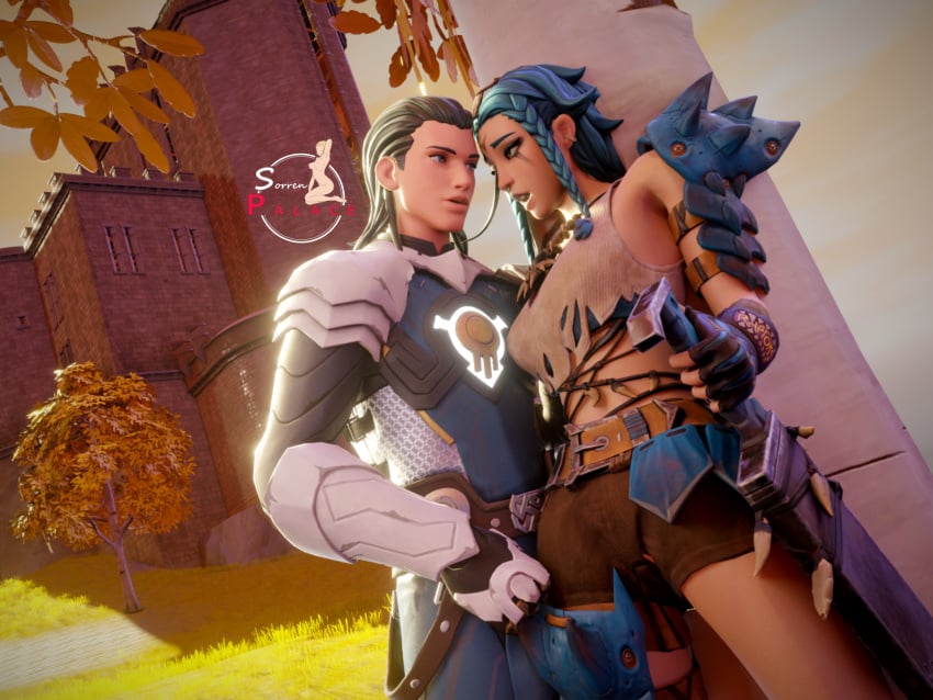 armor armored armored_female armored_male black_hair blue_hair castle fortnite gia_(fortnite) grass looking_at_another looking_at_partner looking_pleasured outdoors outside pinned pinned_to_wall sorrenpalace sword the_ageless_(fortnite) tree trees vegetation