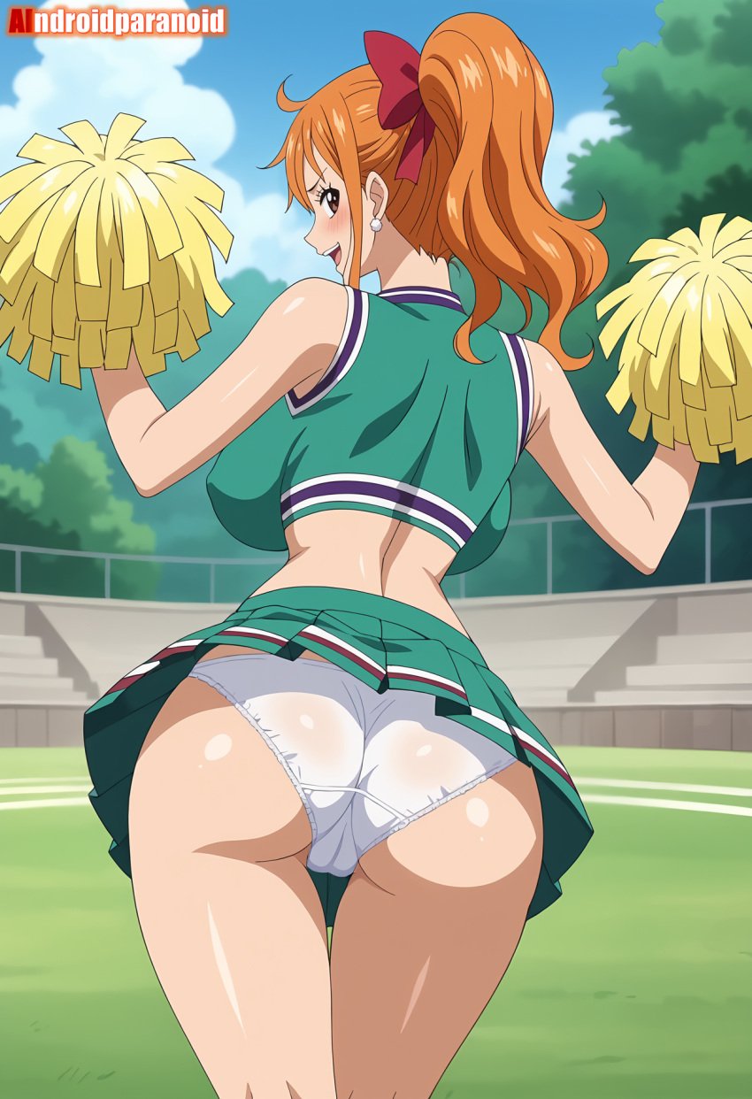 1girls ai_generated aindroidparanoid ass big_ass big_breasts big_butt breasts busty cameltoe cheerleader cheerleader_outfit cheerleader_uniform curvy cute fat_ass female female_only from_behind hair hi_res hips huge_ass huge_breasts human large_ass large_breasts legs nami nami_(one_piece) narrow_waist one_piece panties pom_poms ponytail slim_waist stable_diffusion tagme thick_ass thick_thighs voluptuous waist wide_hips