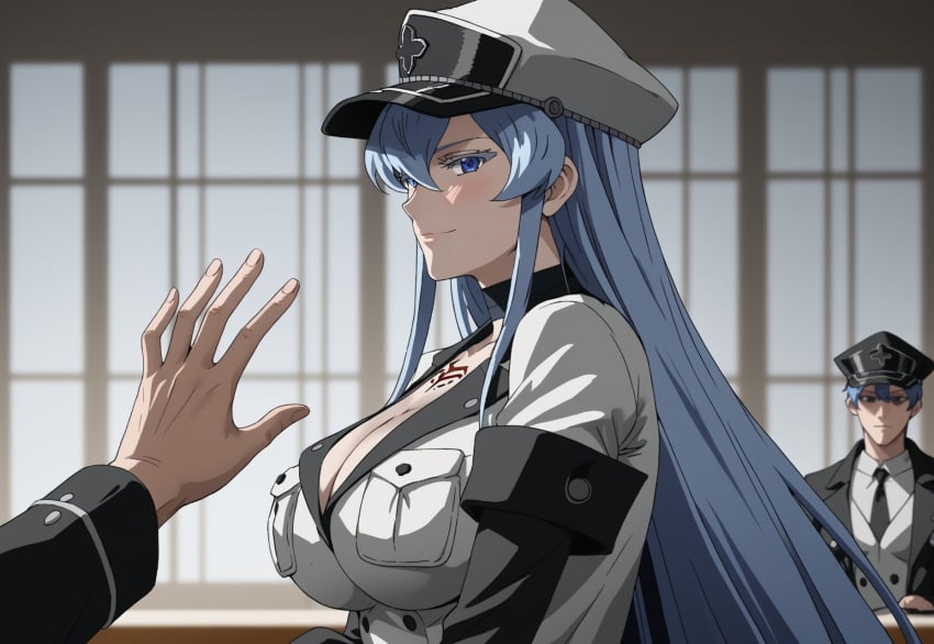 ai_generated akame_ga_kill! blue_eyes blue_hair boots breasts echodantalian esdeath esdeath_(akame_ga_kill!) female femdom femdom_pov girl high knee-high_boots long_hair military_uniform pov story story_in_picture strong_woman uniform