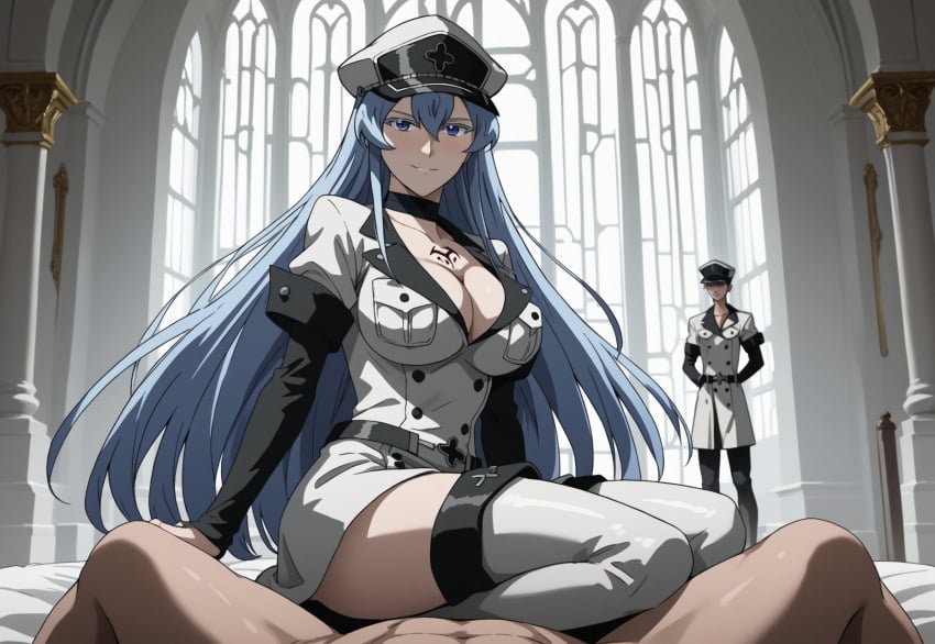 ai_generated akame_ga_kill! blue_eyes blue_hair boots breasts echodantalian esdeath esdeath_(akame_ga_kill!) female femdom femdom_pov girl knee-high_boots long_hair military_uniform pov story story_in_picture strong_woman uniform